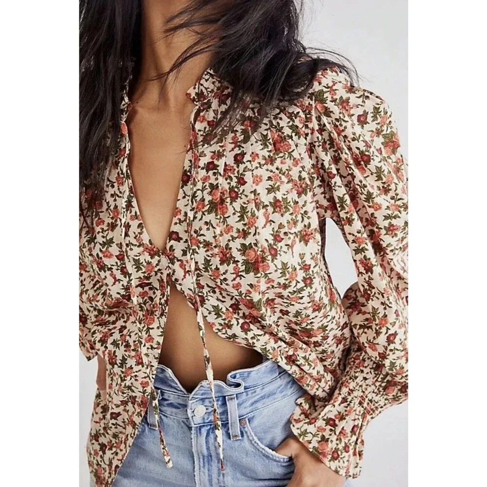 Free People Meant to Be Floral Blouse Ruffle Long Sleeve Cotton XS Romantic Boho